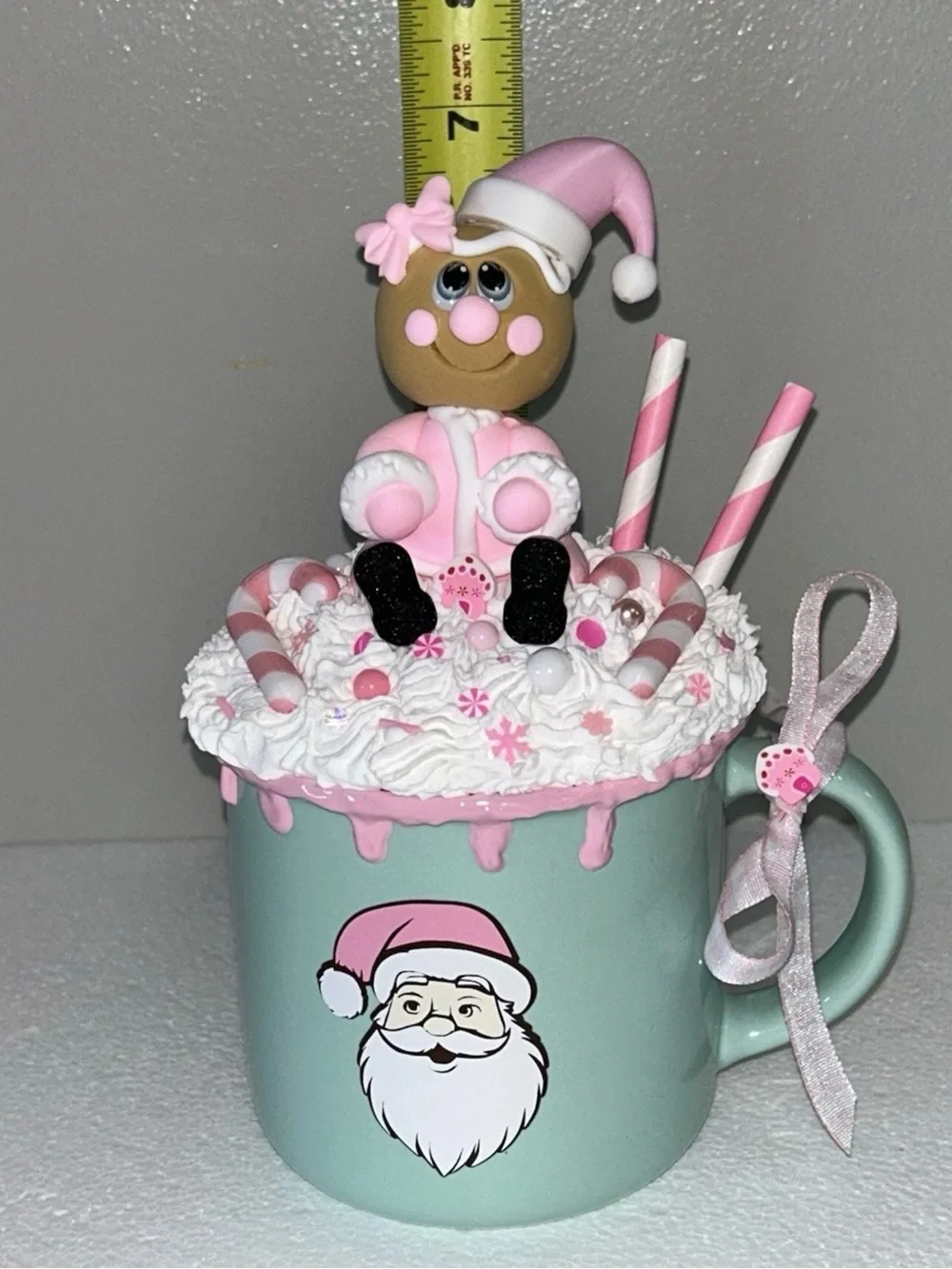 Mint Ceramic Holiday Fake Pink Santa Gingerbread Whip Cream Mug Handmade